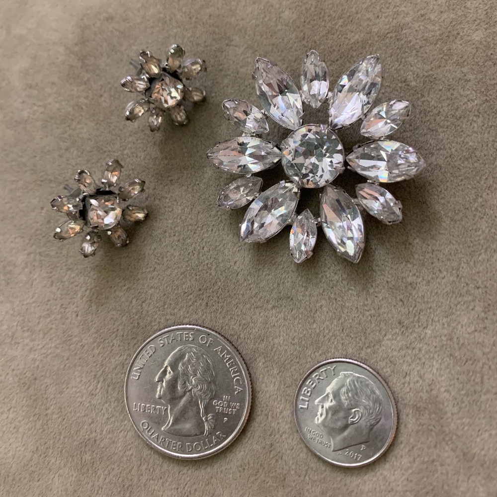 Vintage Rhinestone Flower Petal Pin & Flower Petal Pierced Earrings